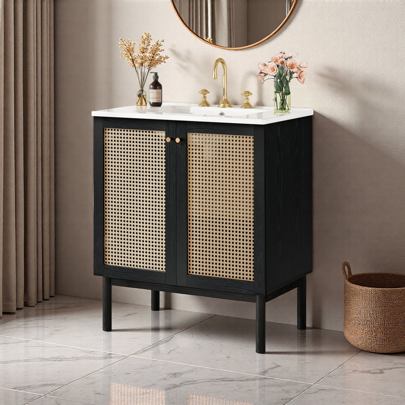 Bathroom Vanity Crafted From Natural Materials, Featuring Handmade Rattan Doors And Soft-Closing Mechanisms
