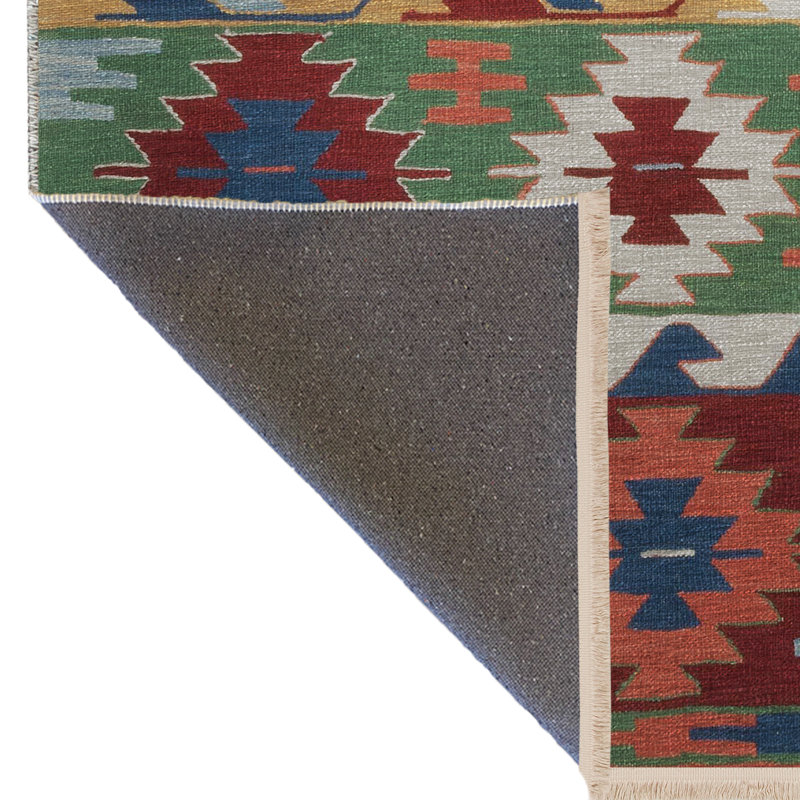 Tapis décoratif multicolore à motif frangé vert et bleu, Tapis de couloir 3 pi 9 po x 9 pi 10 po