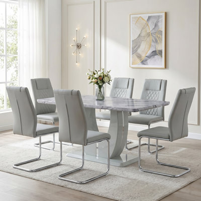 Holloman Modern 7-Piece Faux Marble Dining Set with Upholstered Cantilever Chairs