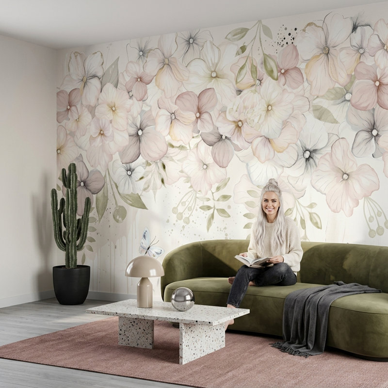 Papier peint floral avec papillons, L 115 po x l 225 po