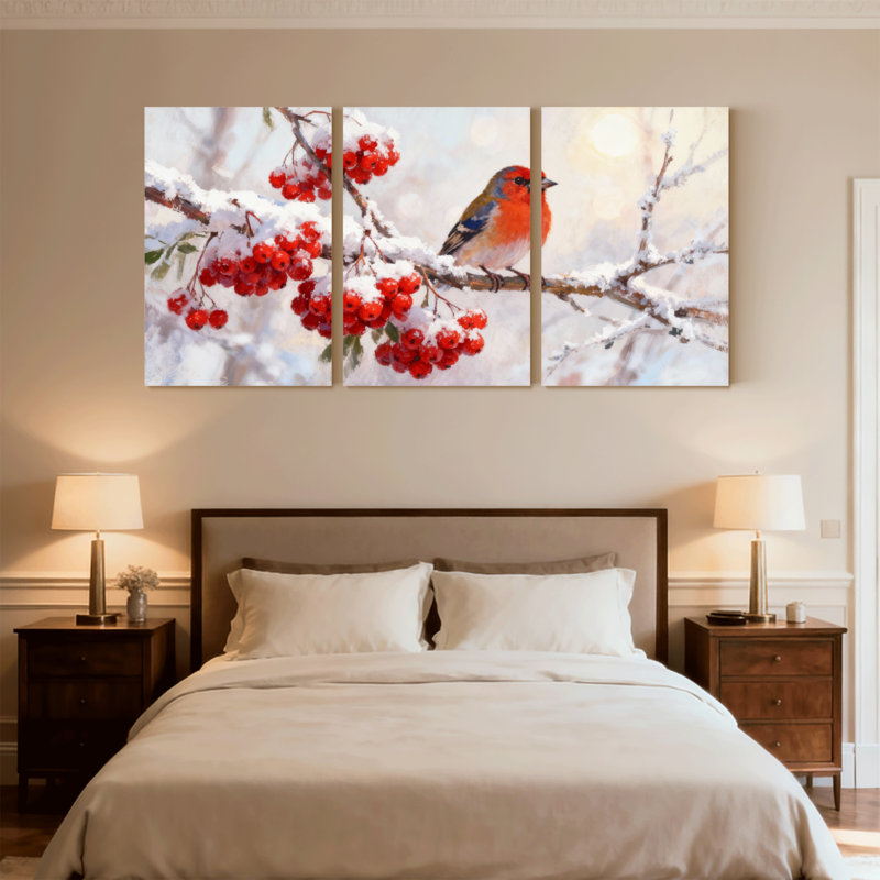 Birds Winter Bird sur une branche enneigée avec des baies rouges, ensemble de 3 impressions sur toile, H 30 po x l 60 po