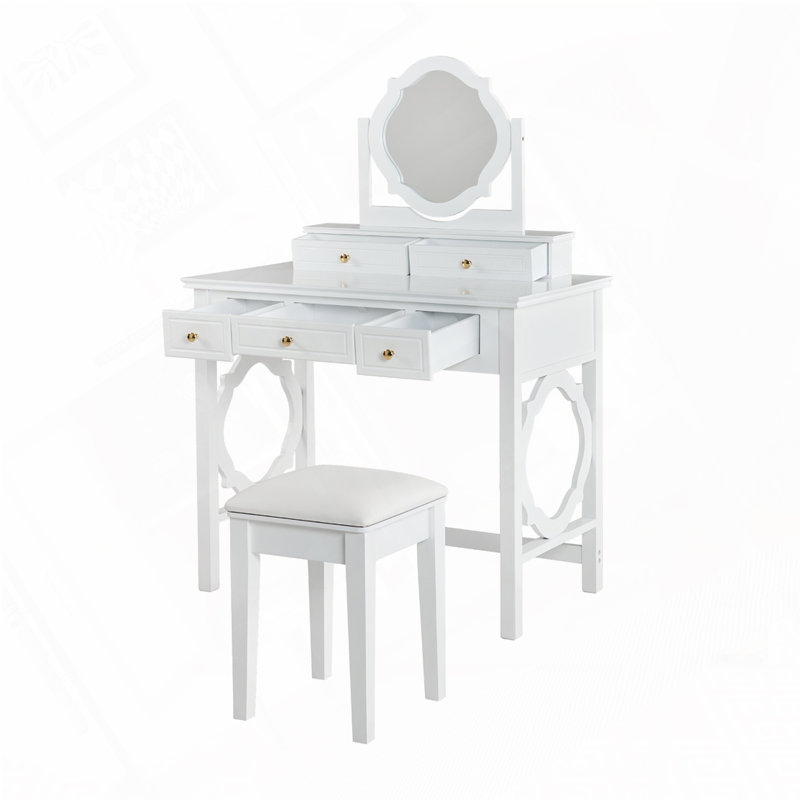 Makeup Vanity Table with Reversible Mirror and 5 Drawers, Stylish Dressing Table Set with Comfortable Stool