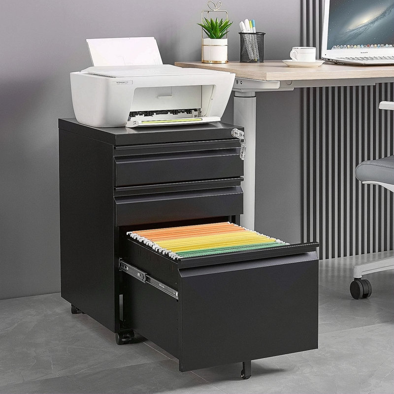 3-Drawer Mobile Filing Cabinet With Lock, Office Storage Filing Cabinet Of Legal/Letter Size, Metal Filing Cabinet To Be Installation Required