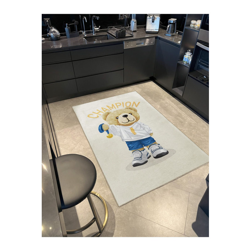 Beige Multi Color Champion Text Athlete Bear Pattern Modern Decorative Machine Washable Area Rug, Rectangle 5'1" x 7'7"