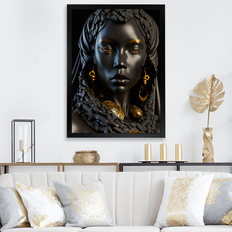 Gros plan, déesse africaine noire et dorée II sur toile, Cadre photo noir, H 20 po x l 12 po x P 1 po