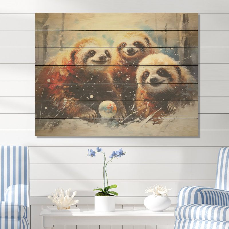 Brown Sloths Winter - paresseux sur bois, H 10 po x l 20 po