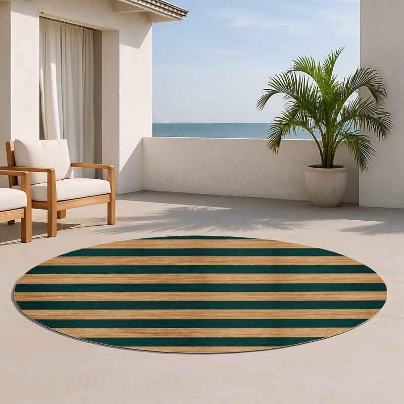 HorizontalStripes Blue Indoor and Outdoor Area Rug, Round 5'