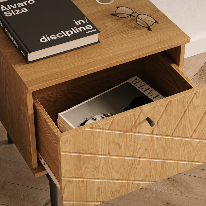 Latitude Run Lanai End Table in Modern Design Nightstand with Storage, Oak Effect