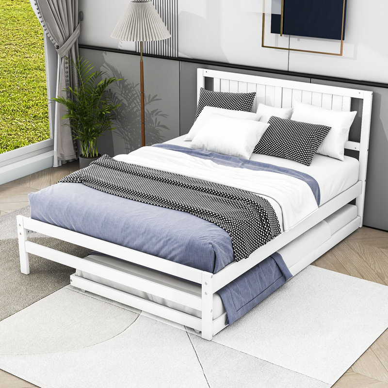 Full Size Wooden Platform Bed with Trundle, White