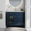 Meuble-lavabo bleu de 90,4 cm (35,6 po) avec lavabo en verre antique, armoire de rangement et surface résistante à l'usure, style médiéval autoportant, tiroirs.