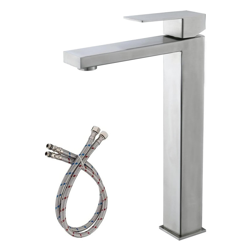 Robinet pour vasque de salle de bain moderne à poignée simple en nickel brossé avec tuyaux d'eau Modern