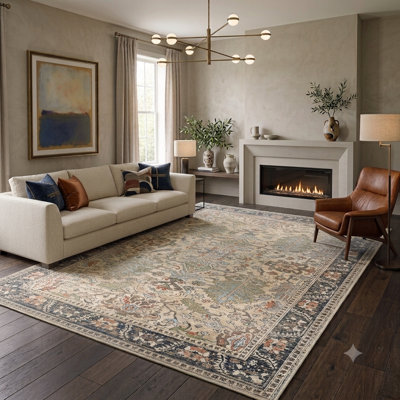Tapis d'intérieur / beige antidérapant performance oriental lavable à la machine Oriental