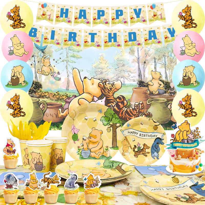 Articles de fête rétro vintage Winnie l'ourson, ensemble de vaisselle 112 pièces Vintage Winnie l'ourson
