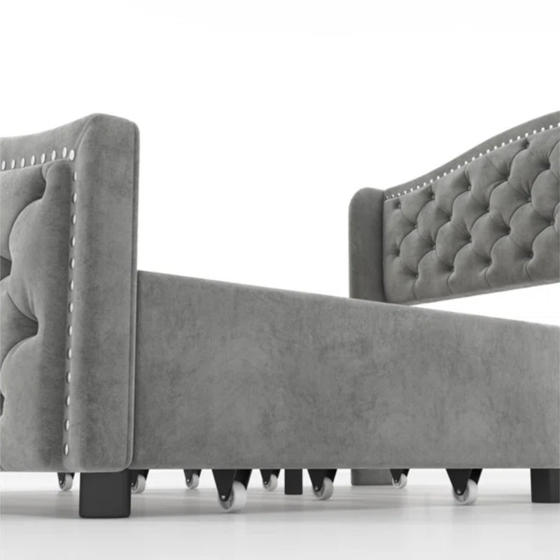 Ensemble de chambre à coucher 2 pièces: lit capitonné avec tiroirs de rangement et banc à coussin capitonné, Très grand