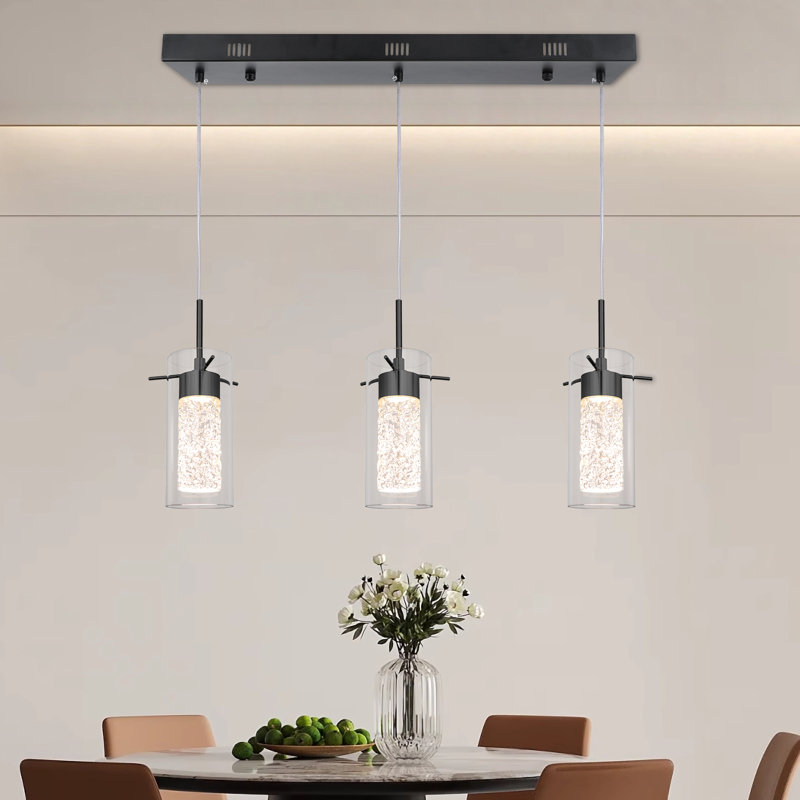 Luminaires suspendus 3 lumières DEL avec abat-jour en cristal Cherrington, Noir mat