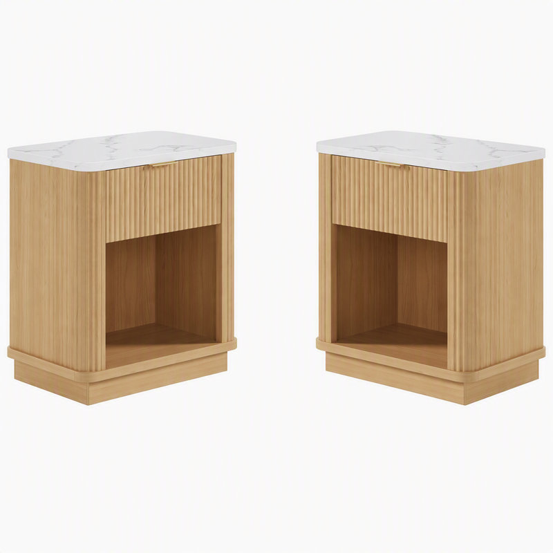 Table de chevet en bois avec tiroir de rangement et tablette ouverte, ensemble de 2, Natural, Ensemble de 2