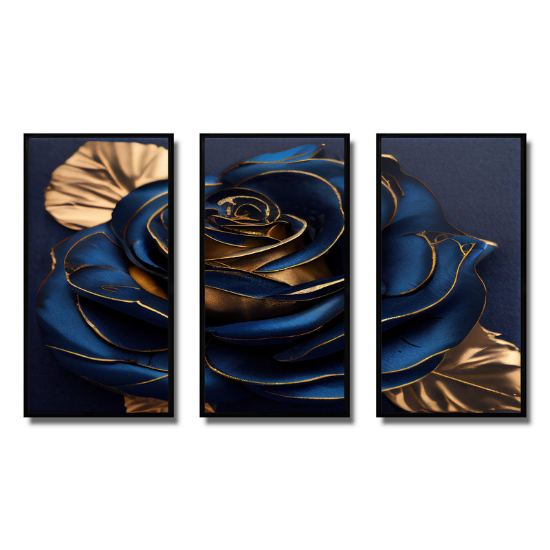 «Gilded Rose in Kings Blue III», reproduction de cadre flottant sur toile 3 pièces, Noir, H 28 po x l 36 po x P 1 po