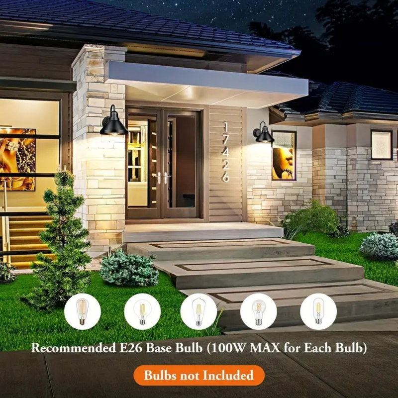 2Pcs Industrial Black Gooseneck Outdoor Lights - Rustproof Farmhouse Barn Wall Sconces For Porch, Garage, Patio - E26 Base, Metal Shade, Semi-Flush Mount Installation, Bulbs Not Included, Farmhouse Light Fixtures