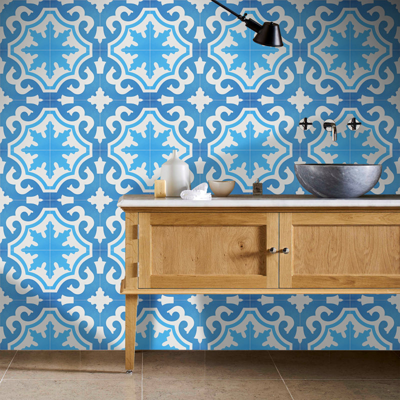 Tanger 8" x 8" Cement Patterned Wall & Floor Tile, Blue/Light Blue