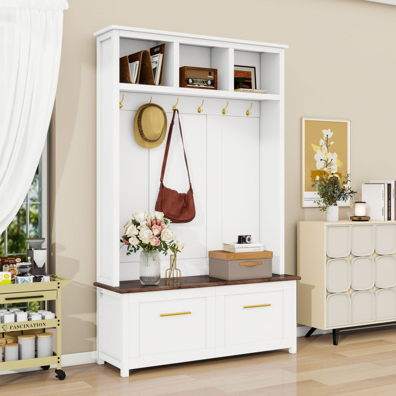 Space-Saving Hall Tree with Bench, 6 Hooks and Storage Drawers for Organized Entryways, White