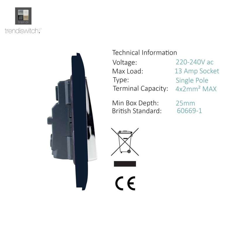 Trendi Switch 2 Gang Long Switched Plug Socket, Navy