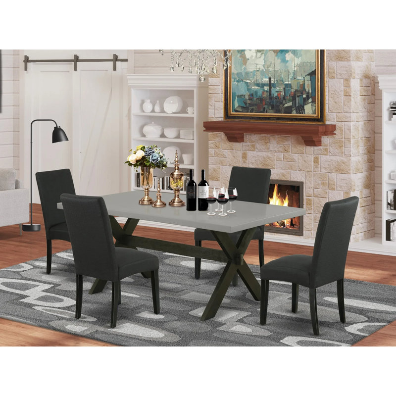 5 Piece Dining Room Furniture Set Includes a Rectangle Dining Table with X-Legs and 4 Black Color Linen Fabric Upholstered Chairs, Wire brushed Black