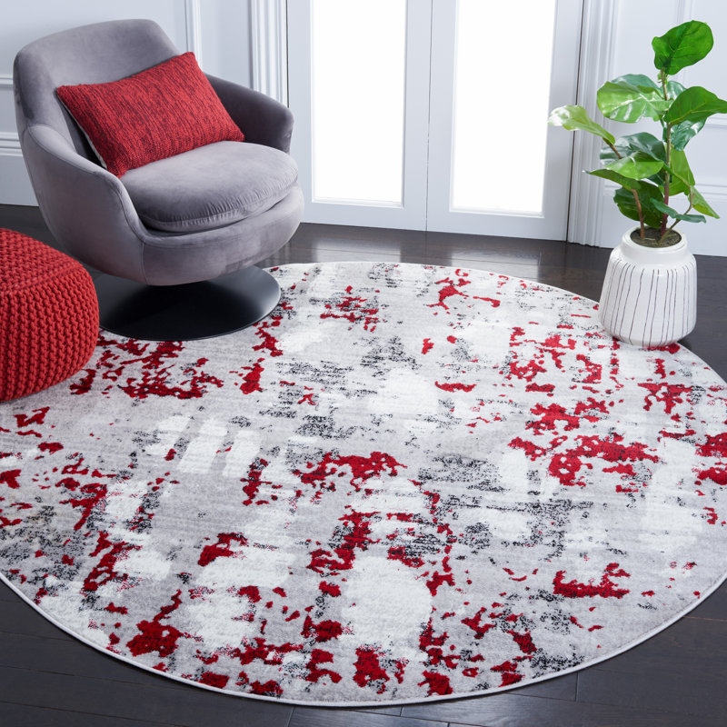 Tapis gris / rouge / blanc à motif abstrait Mascia, Rond 6 pi 7 po