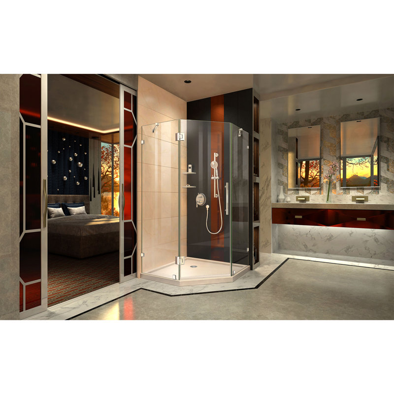 DreamLine Prism Lux 40" x 74.75" Neo-Angle Hinged Shower Enclosure with Base Included, Chrome/Biscuit
