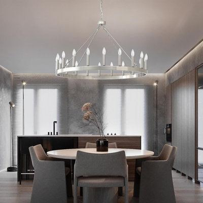 Lustre moderne en forme de roue de chariot en nickel brossé de 40 po à 20 lumières | Luminaire argenté, lustres de salon ronds pour vestibule, entrée, maison de campagne, hauteur réglable, base E12