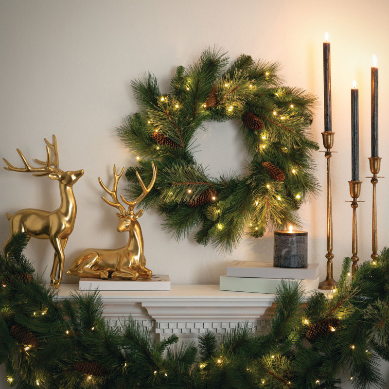 Artificial 24" LED Mixed Pine Christmas Wreath with Pinecones, Green