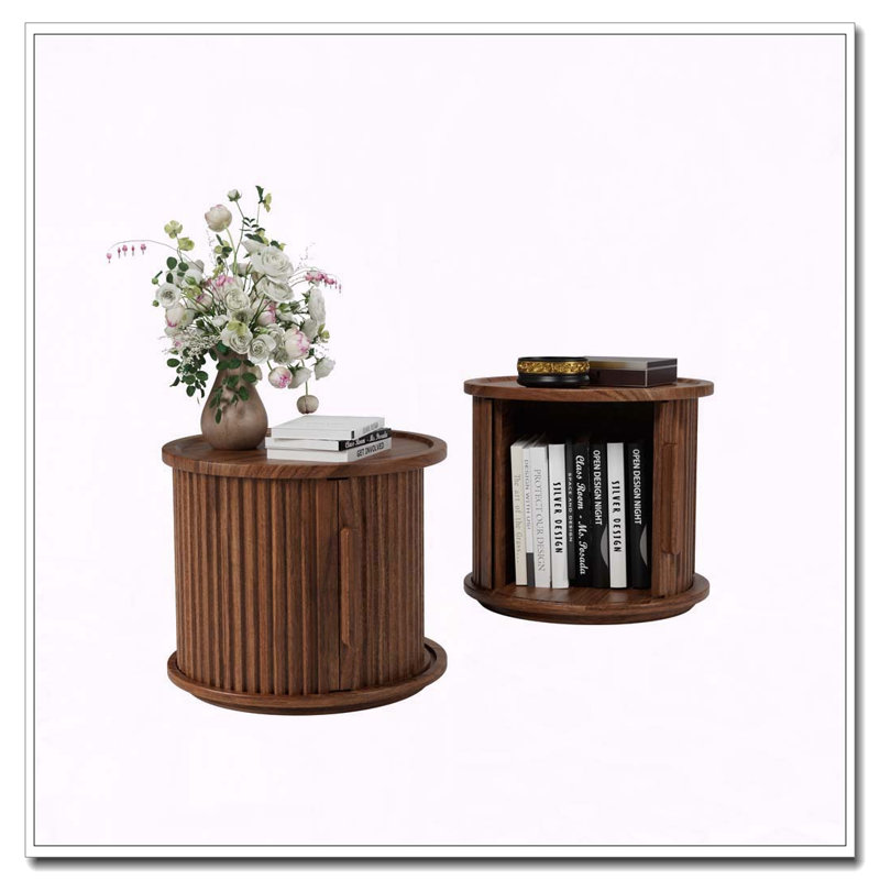 Ensemble de 2 tables basses rondes avec rangement à porte coulissante et colonne romaine cannelée