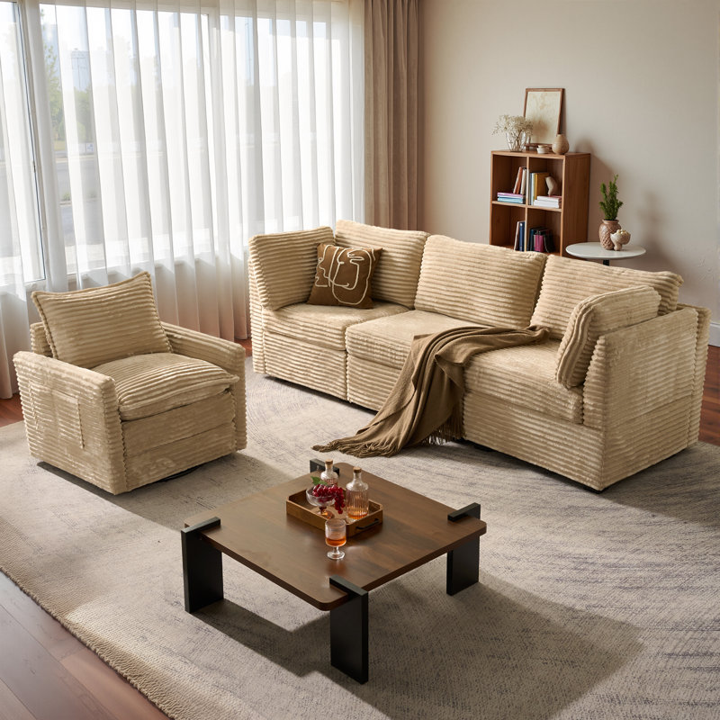 Ensemble de canapé modulaire en velours côtelé 4 pièces avec fauteuil pivotant, mobilier de salon moderne, Beige