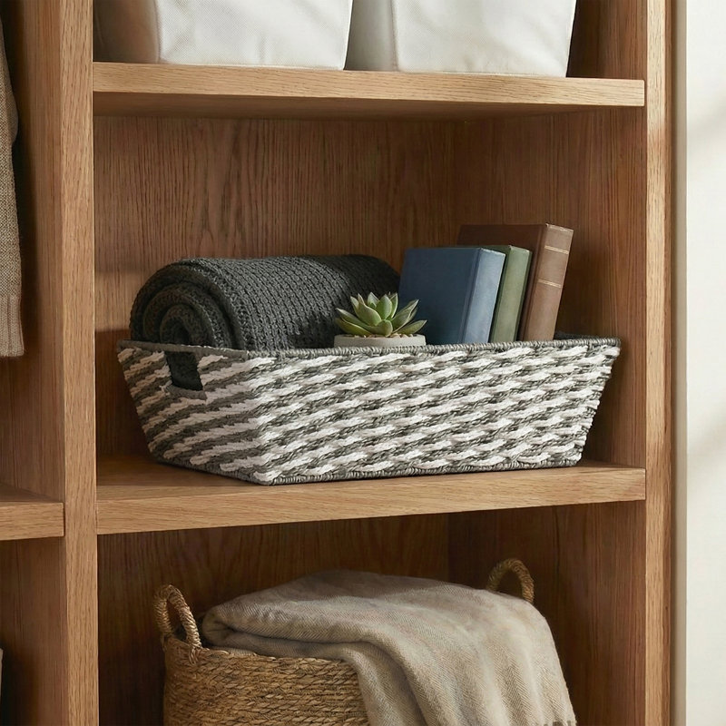  Striped Woven Basket In Gray, Gray, 5.1" H x 12.9" W x 14.9" D