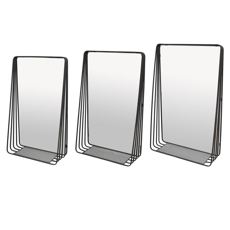 3Pc Decorative Wall Mirror With Shelf Set, Black Metal Rectangular