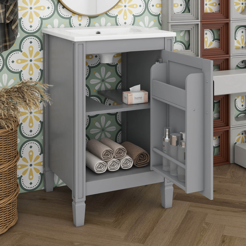 Meuble-lavabo de 20 po avec lavabo en céramique, tablette ajustable en U, support de porte, meuble-lavabo étroit, Gris