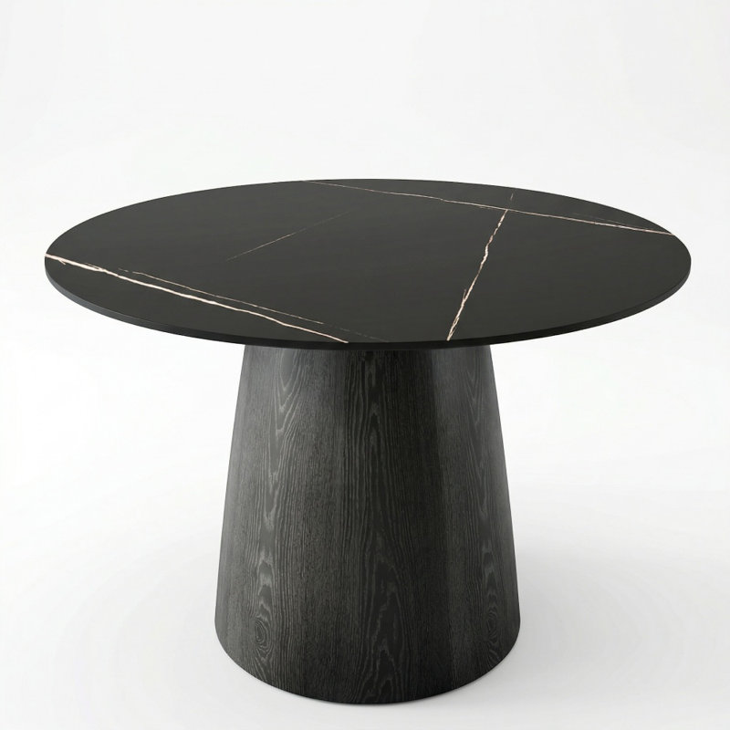 2 - Person Minimalist Round Luxe Sintered Stone Dining Table, Solid Wood Stable Pedestal Base For Kitchen Living Dining Room