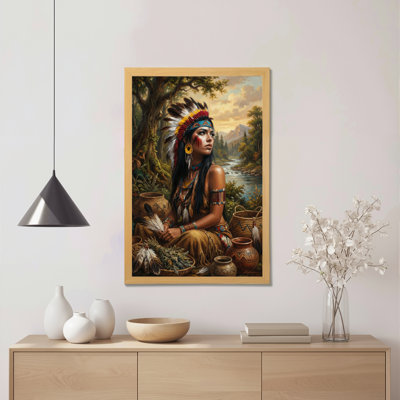 Femme amérindienne avec coiffe de plumes, reproduction d'art sur toile tendue sur toile, ensemble de 1