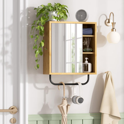 Bathroom Medicine Cabinet with Mirror, Bamboo Wall Mounted Storage Cabinet with Towel Bar, Over The Toilet Organizer for Bathroom & Small Spaces