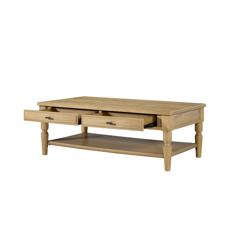 Table basse avec tiroirs, finition noix de cajou, placage, deux tiroirs, pieds tournés pour un style classique, tablette inférieure ouverte, bois massif beige, profondeur 51,43 cm, largeur 28,69 cm, hauteur 18,67 cm.