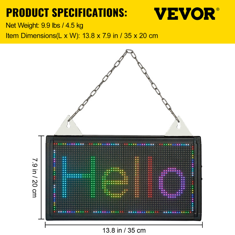 VEVOR LED Scrolling Sign, 14" x 8" WiFi & USB Control, Full Color P5 Programmable Display