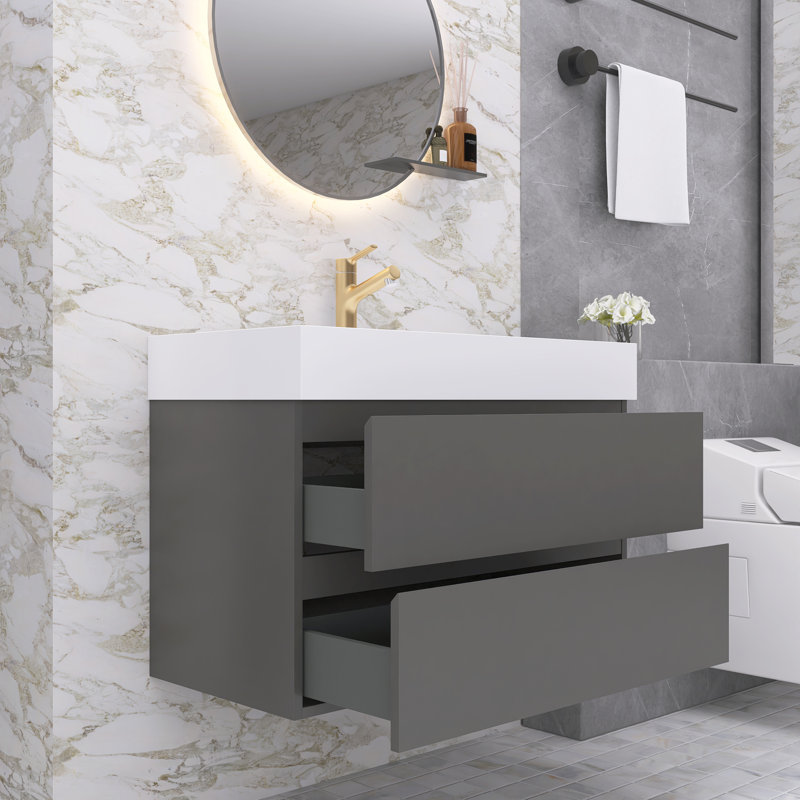 Nihat 36'' Single Bathroom Vanity with Solid Surface Top, Light Gray, White
