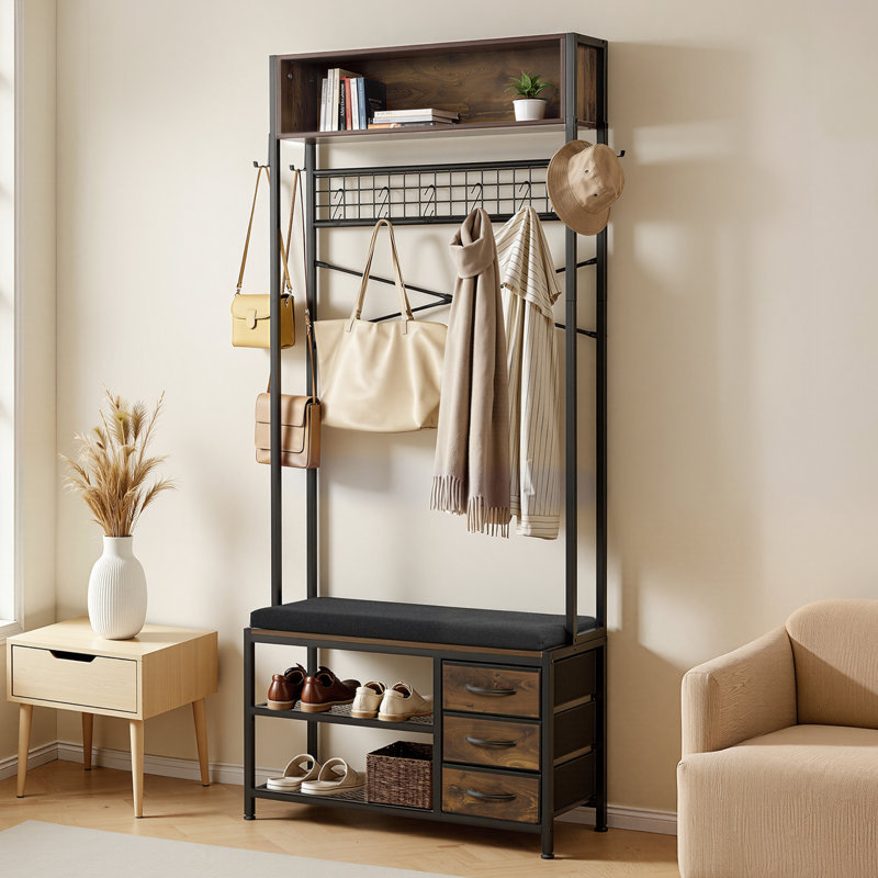 Hall Tree, 70.9 in Coat Rack with Shoe Bench & 3 Drawers, 3-in-1 Freestanding Shoe Rack Storage Organizer with Bookshelf & Wire Shelf, Steel Frame Entrance Coat Holder for Entry, Bedroom, Closet