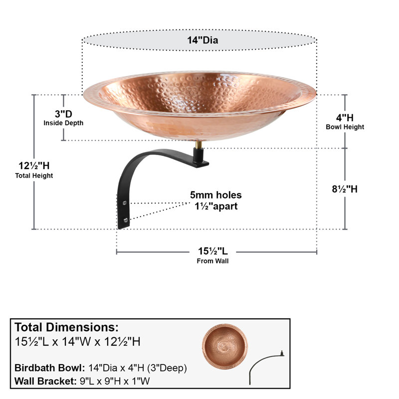 Hammered Solid Copper Birdbath with Wall Mount Bracket