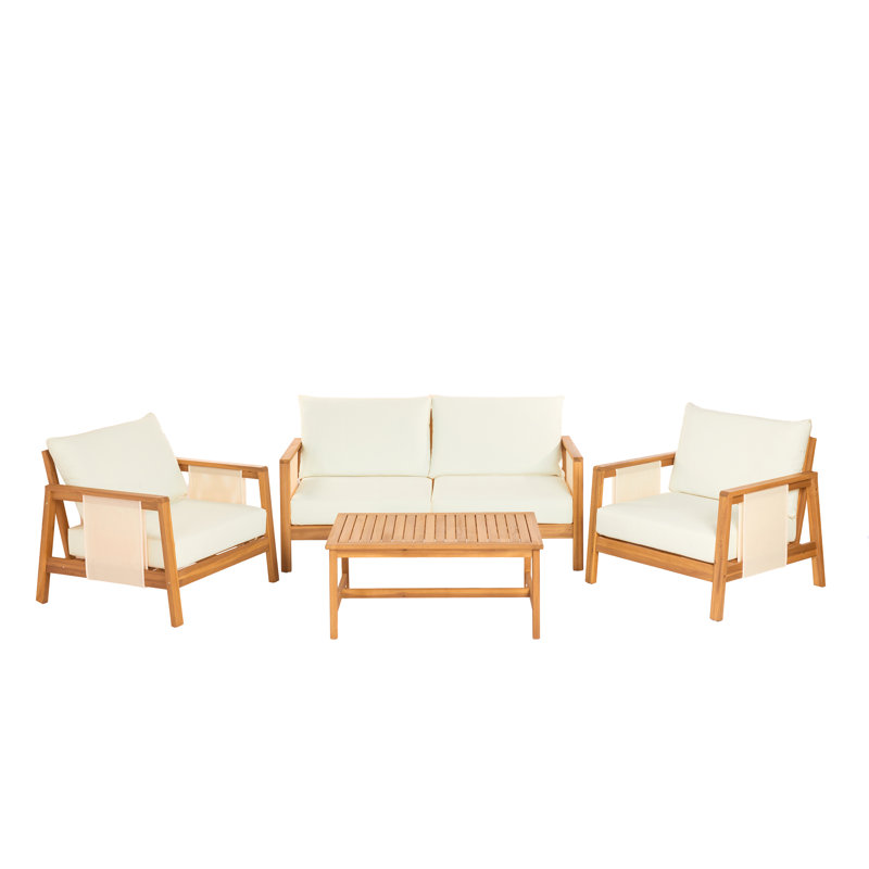 Ensemble de conversation d'extérieur en bois d'acacia avec coussins hydrofuges Calera, Coussin beige / structure en teck