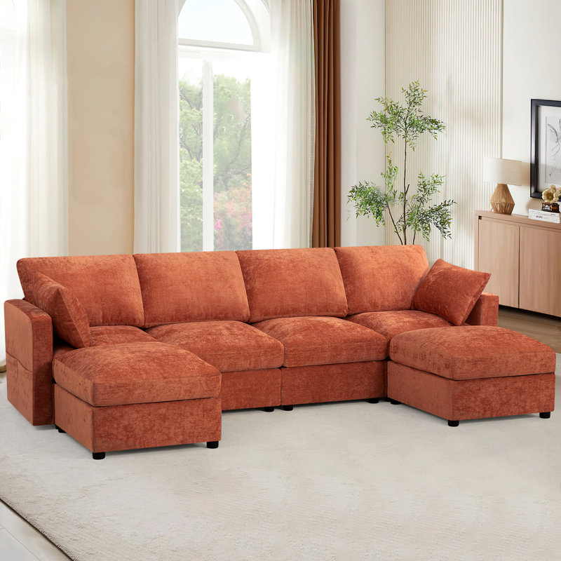110" Chenille Sectional Sofa With Two Pillows And Ottoman, Modern 4-Seat Couch With Upholstered Cushion, U-Shape Sofa For Living Room, Office