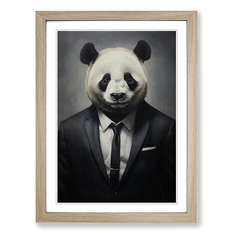 Panda In A Suit - Single Picture Frame Print on Wood, Oak, 34cm H x 25cm W x 2cm D