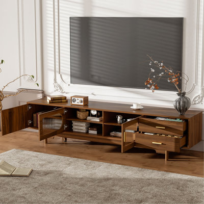 78Inch TV Stand For Tvs Up To 85", Modern TV Cabinet With Fluted Glass Doors & 2 Drawers, For Living Room, Entertainment Center With Cable Management, Solid Wood Legs