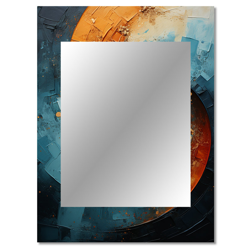 «Orange Teal Abstract Spirals I», miroir décoratif en spirale abstraite, miroir mural orange, impression sur métal