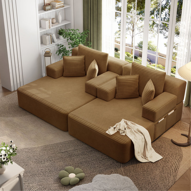Surdimensionné double méridienne 2 pièces, luxueux canapé convertible en velours côtelé moelleux avec 6 coussins et une poche de rangement