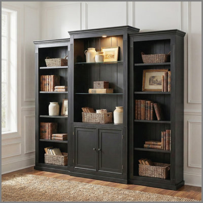 78.75'' Tall 3-Pieces Bookcase, Display Cabinet with 5 Colors Adjustable LED Ceiling Light, Retro style Bookshelves with tempered glass shelves for Living Room, Office, Studio or Workspace, Black